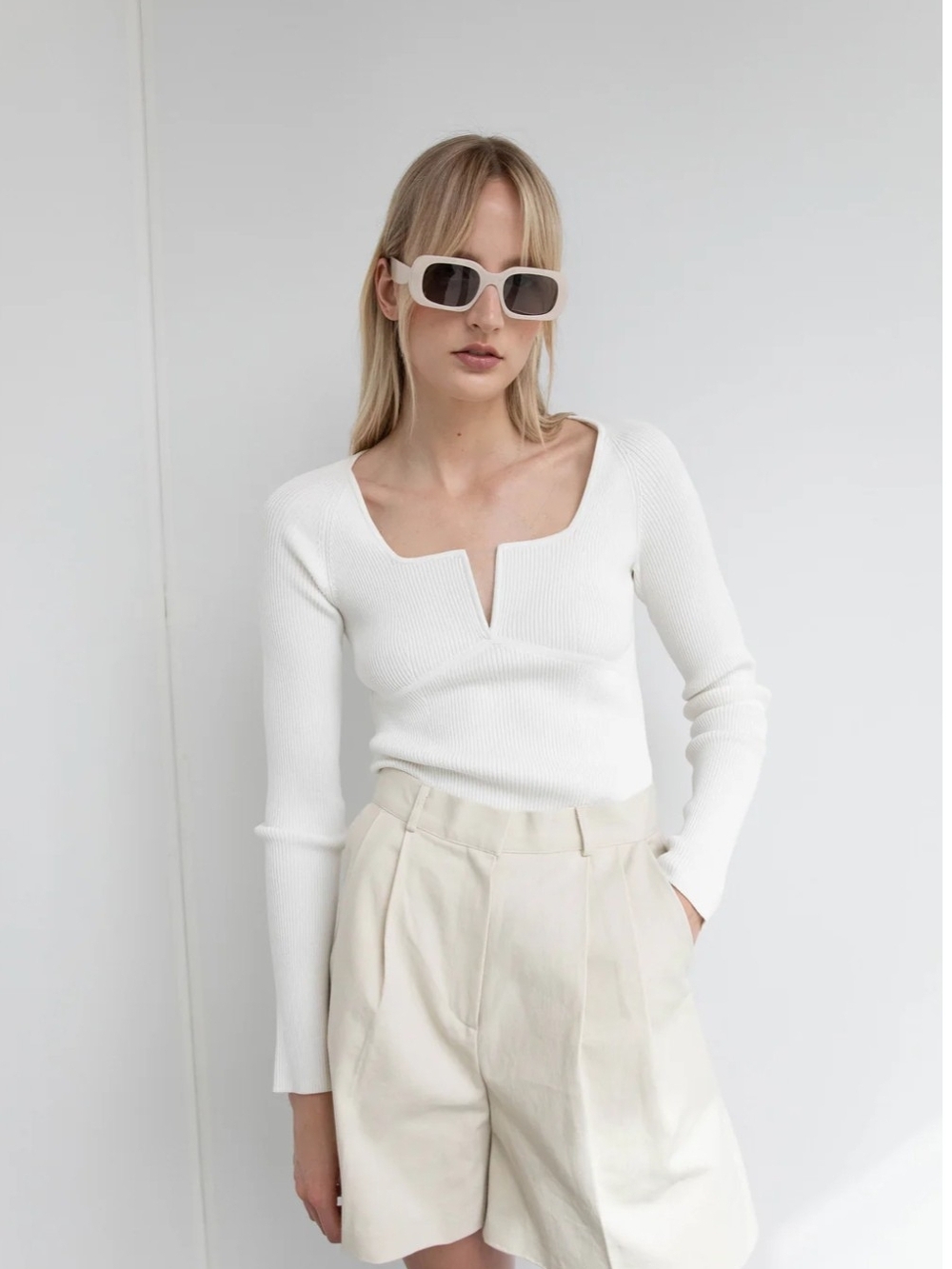 OAK + FORT White Ribbed Notch-Neck Long Sleeve Top
